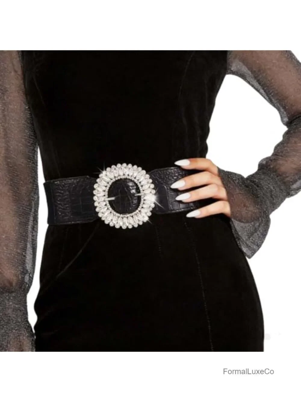 Rhinestone Thick Elastic Waist Belt for Dresses Faux Leather